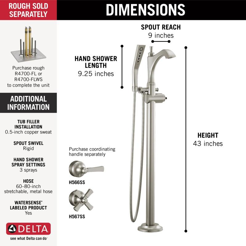 DELTA Dorval Single Handle Floor Mount Tub Filler Trim - Less Handle — Stainless