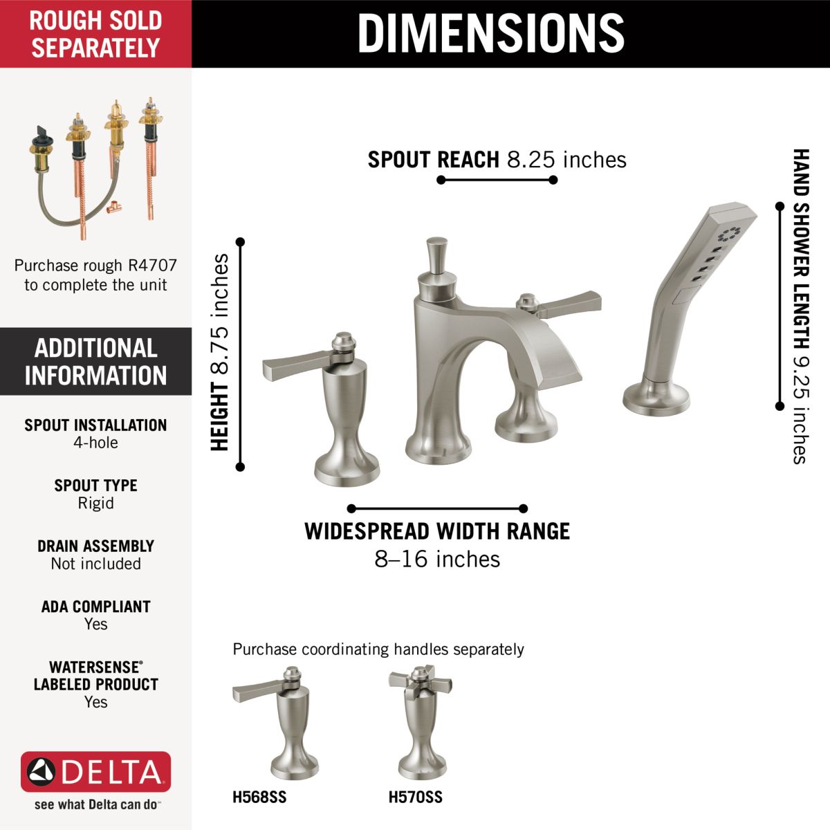 DELTA Dorval Roman Tub with Hand Shower Trim - Less Handles — Stainless