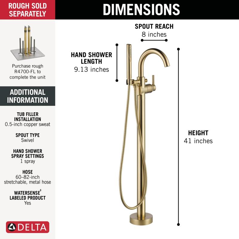 DELTA Trinsic Single Handle Floor Mount Tub Filler Trim with Hand Shower — Champagne Bronze