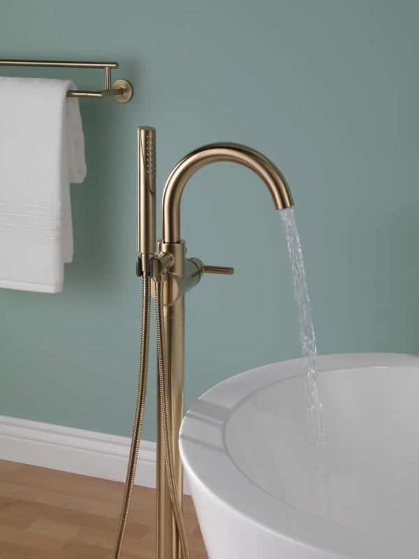 DELTA Trinsic Single Handle Floor Mount Tub Filler Trim with Hand Shower — Champagne Bronze