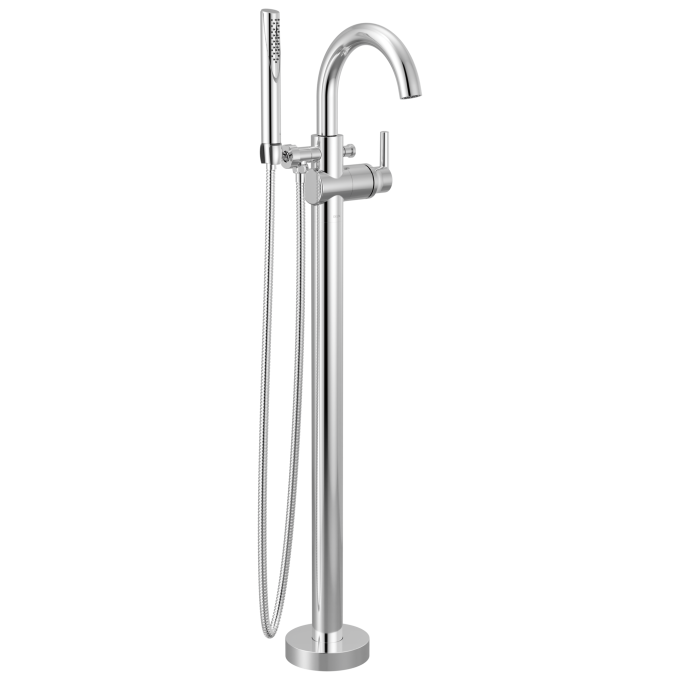 DELTA Trinsic Single Handle Floor Mount Tub Filler Trim with Hand Shower — Chrome