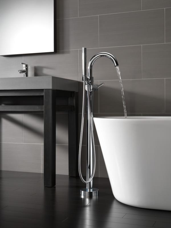 DELTA Trinsic Single Handle Floor Mount Tub Filler Trim with Hand Shower — Chrome