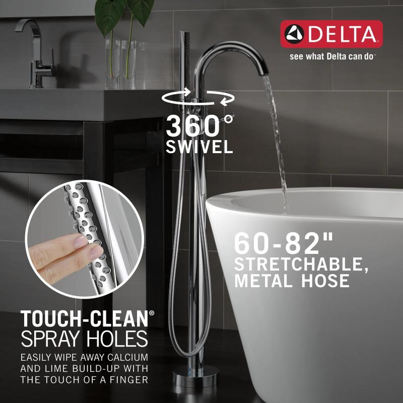 DELTA Trinsic Single Handle Floor Mount Tub Filler Trim with Hand Shower — Chrome