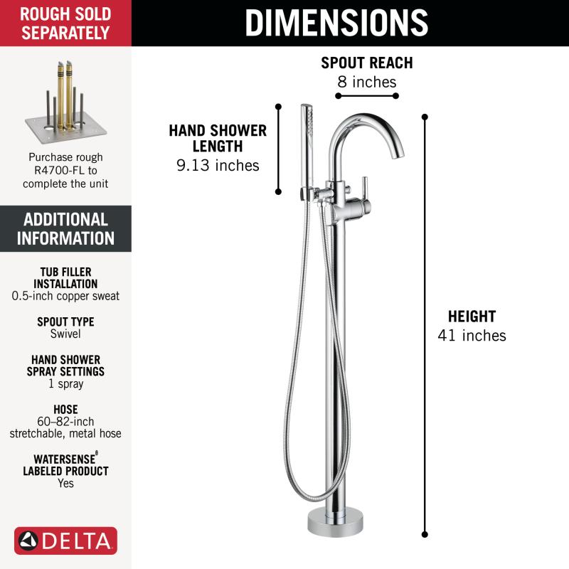 DELTA Trinsic Single Handle Floor Mount Tub Filler Trim with Hand Shower — Chrome