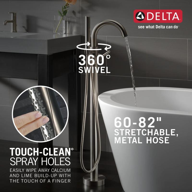 DELTA Trinsic Single Handle Floor Mount Tub Filler Trim with Hand Shower — Stainless