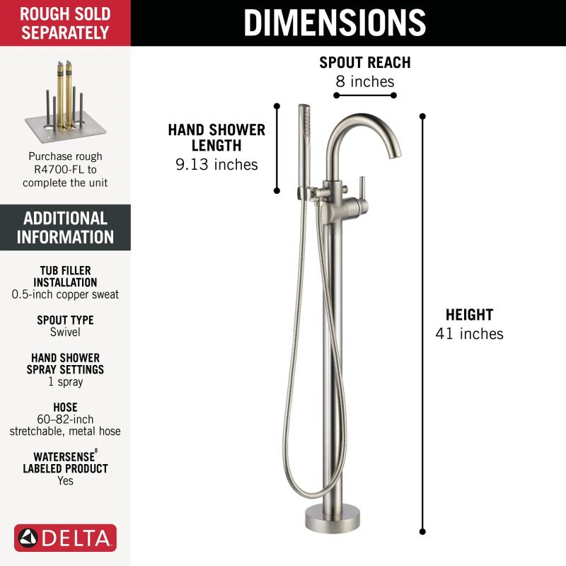 DELTA Trinsic Single Handle Floor Mount Tub Filler Trim with Hand Shower — Stainless