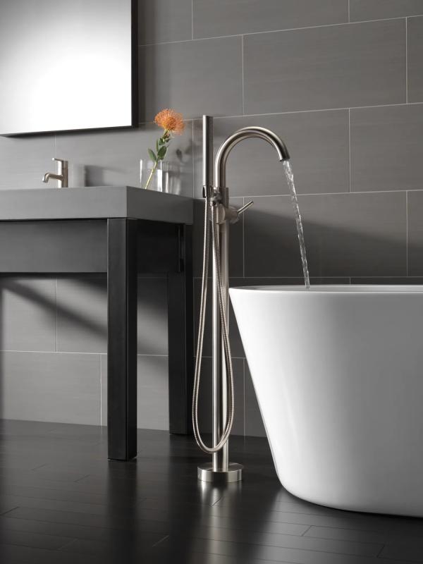 DELTA Trinsic Single Handle Floor Mount Tub Filler Trim with Hand Shower — Stainless