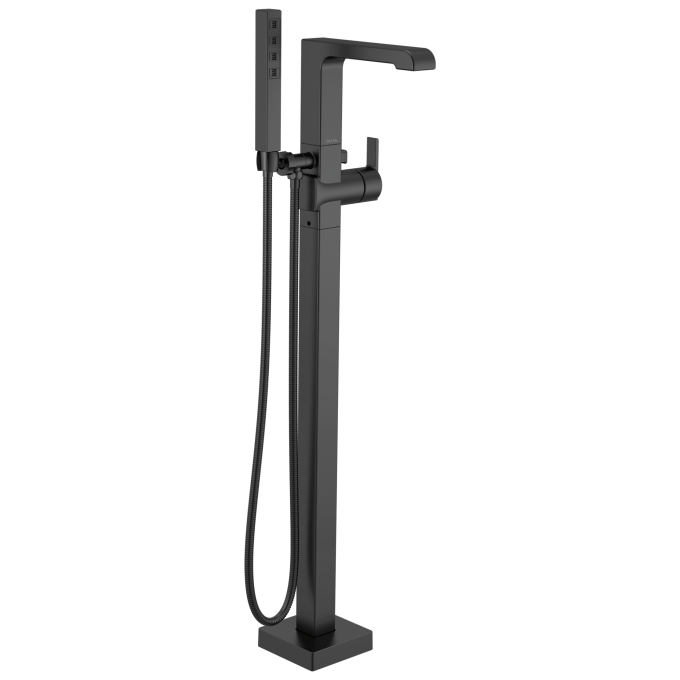 DELTA Ara Single Handle Floor Mount Tub Filler Trim with Hand Shower — Matte Black