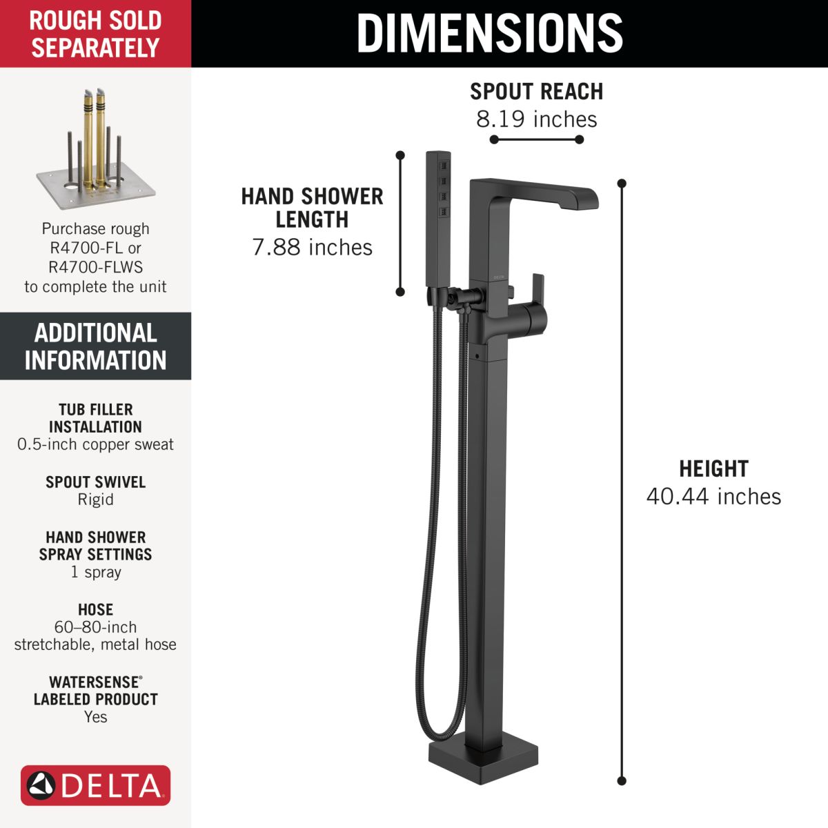 DELTA Ara Single Handle Floor Mount Tub Filler Trim with Hand Shower — Matte Black