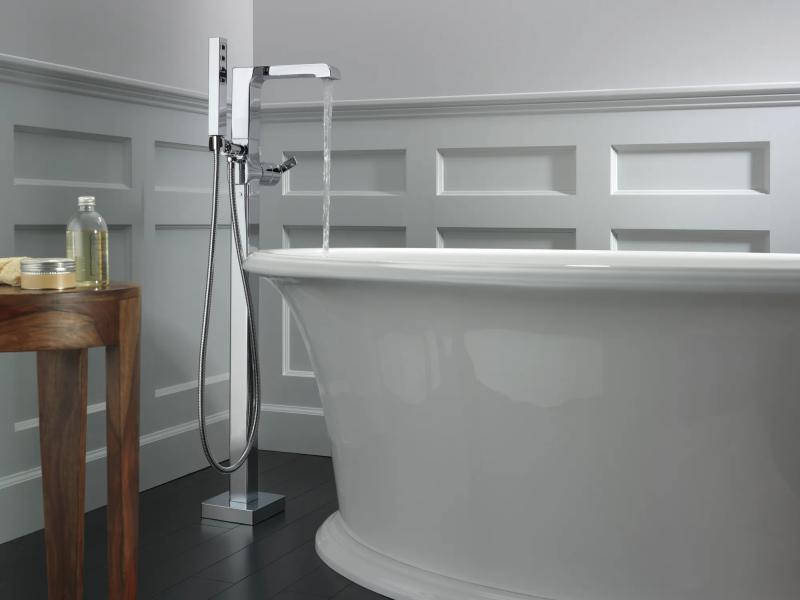 DELTA Ara Single Handle Floor Mount Tub Filler Trim with Hand Shower — Chrome