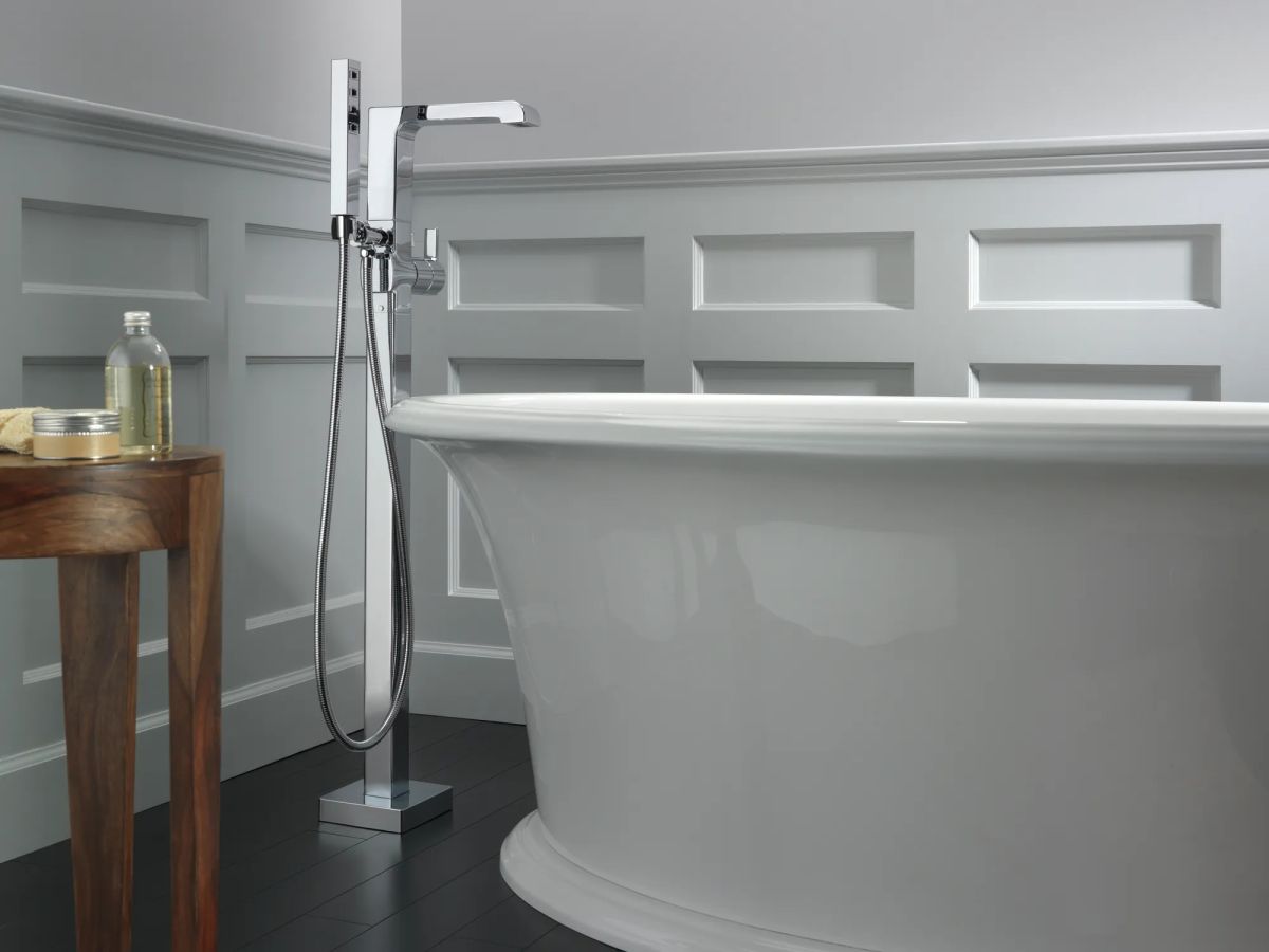 DELTA Ara Single Handle Floor Mount Tub Filler Trim with Hand Shower — Chrome