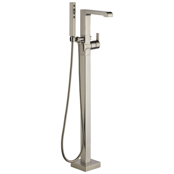 DELTA Ara Single Handle Floor Mount Tub Filler Trim with Hand Shower — Stainless