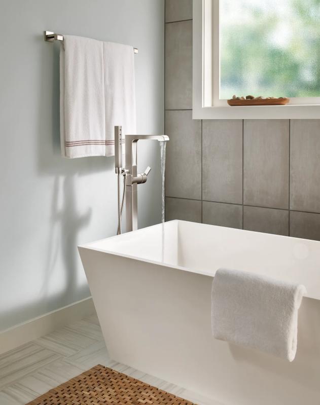 DELTA Ara Single Handle Floor Mount Tub Filler Trim with Hand Shower — Stainless