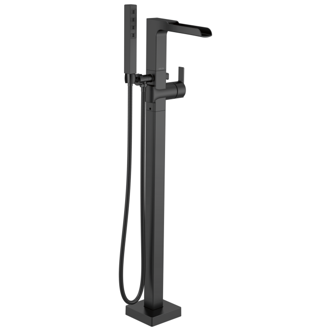 DELTA Ara Single Handle Floor Mount Channel Spout Tub Filler Trim with Hand Shower — Matte Black