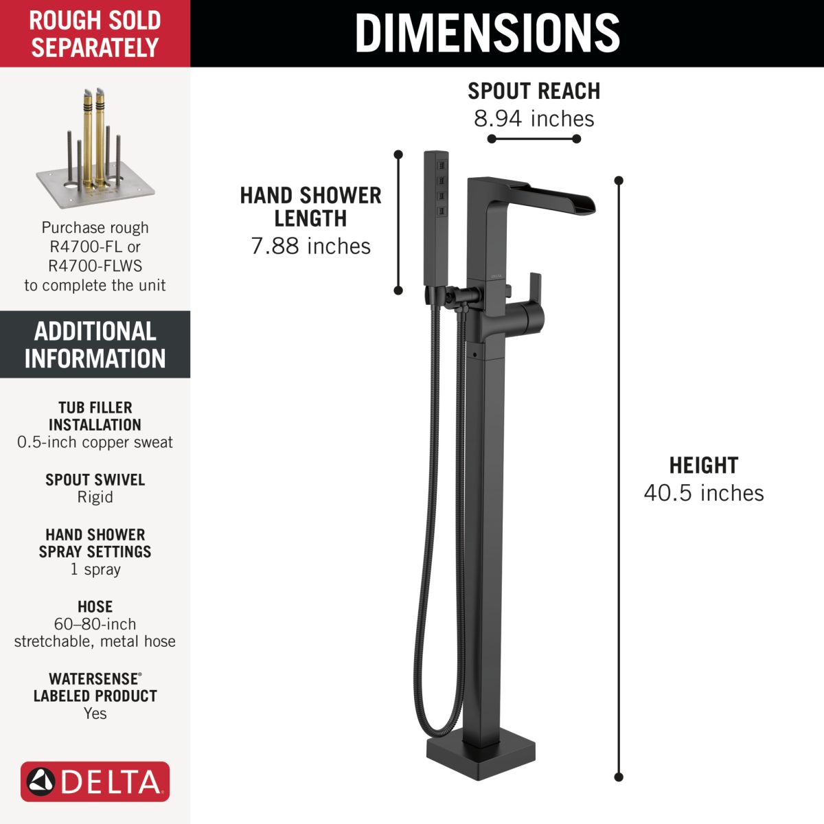 DELTA Ara Single Handle Floor Mount Channel Spout Tub Filler Trim with Hand Shower — Matte Black