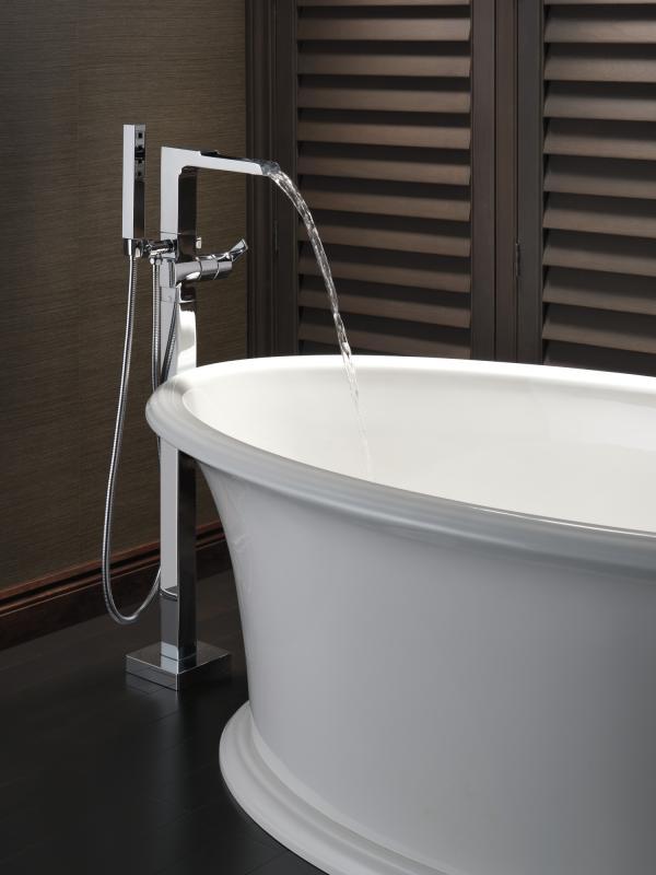 DELTA Ara Single Handle Floor Mount Channel Spout Tub Filler Trim with Hand Shower — Chrome
