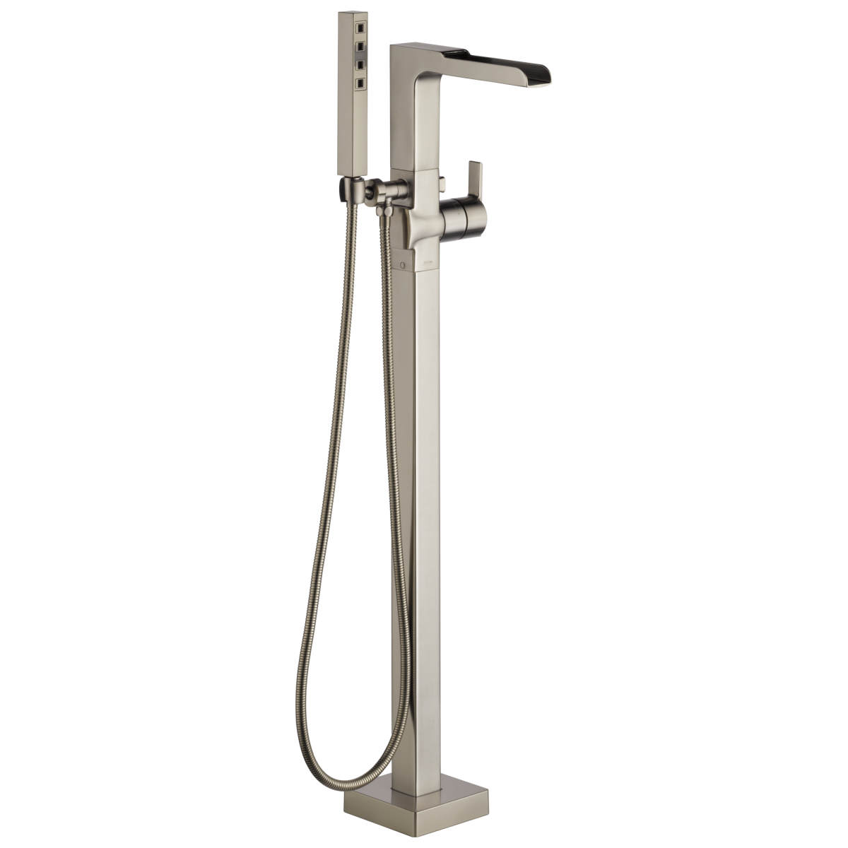 DELTA Ara Single Handle Floor Mount Channel Spout Tub Filler Trim with Hand Shower — Stainless
