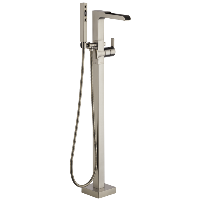 DELTA Ara Single Handle Floor Mount Channel Spout Tub Filler Trim with Hand Shower — Stainless