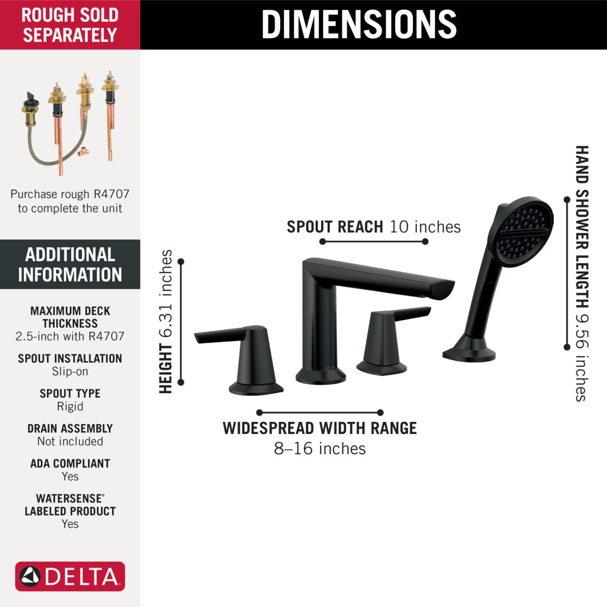 DELTA Galeon 4-Hole Roman Tub Trim with Hand Shower — Matte Black