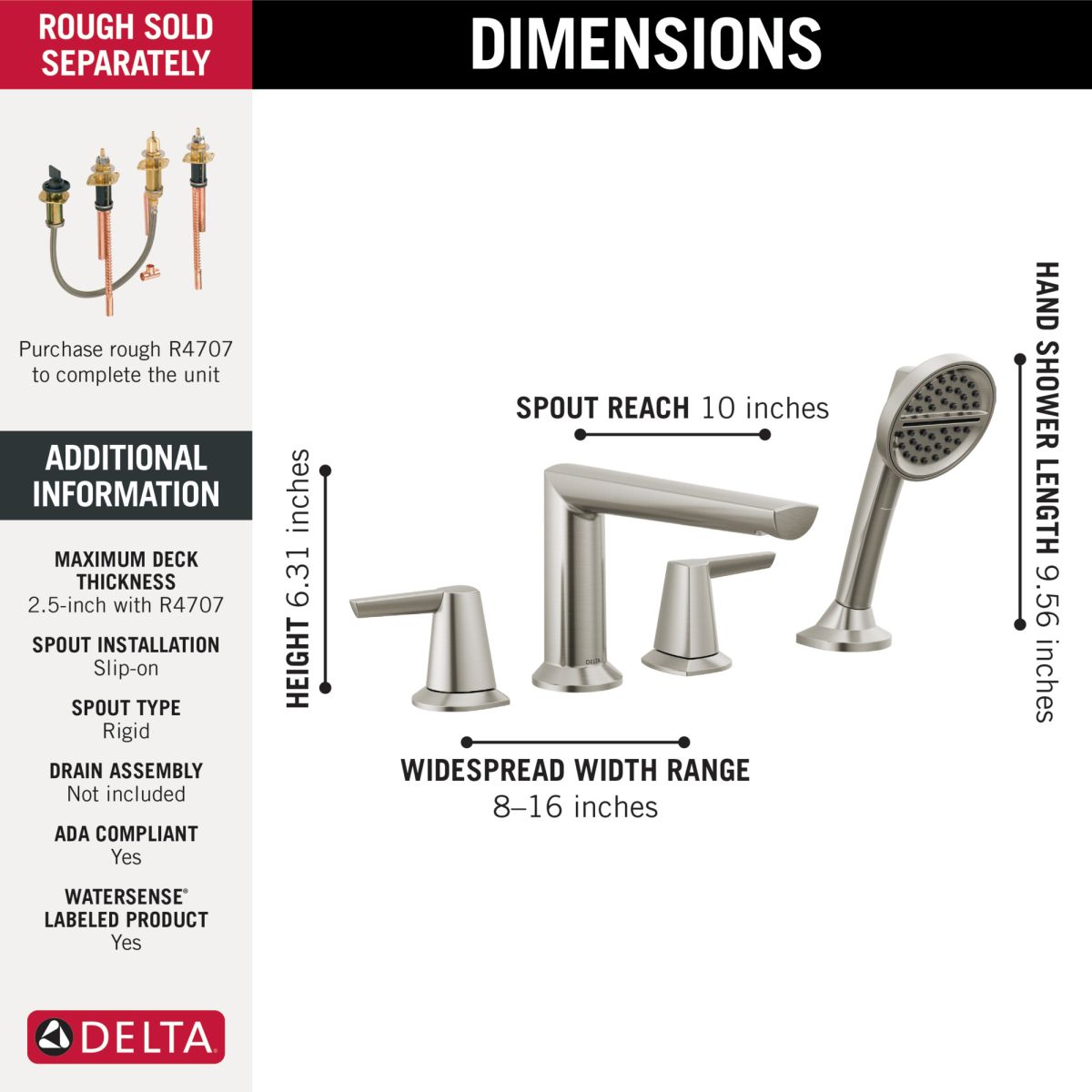 DELTA Galeon 4-Hole Roman Tub Trim with Hand Shower — Lumicoat® Stainless
