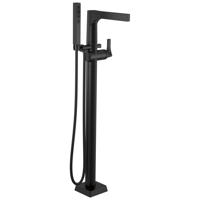DELTA Zura Single Handle Floor Mount Tub Filler Trim with Hand Shower — Matte Black