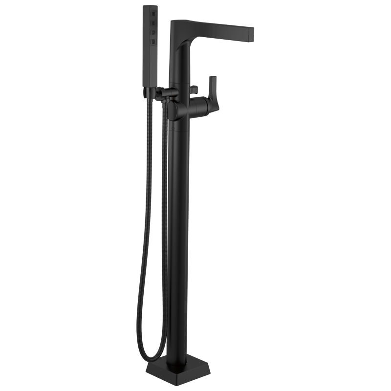 DELTA Zura Single Handle Floor Mount Tub Filler Trim with Hand Shower — Matte Black