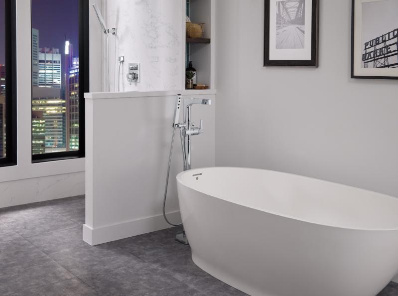 DELTA Zura Single Handle Floor Mount Tub Filler Trim with Hand Shower — Chrome