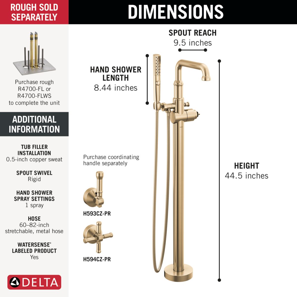 DELTA Broderick Floor Mount Tub Filler Trim- Less Handle — Lumicoat® Champagne Bronze