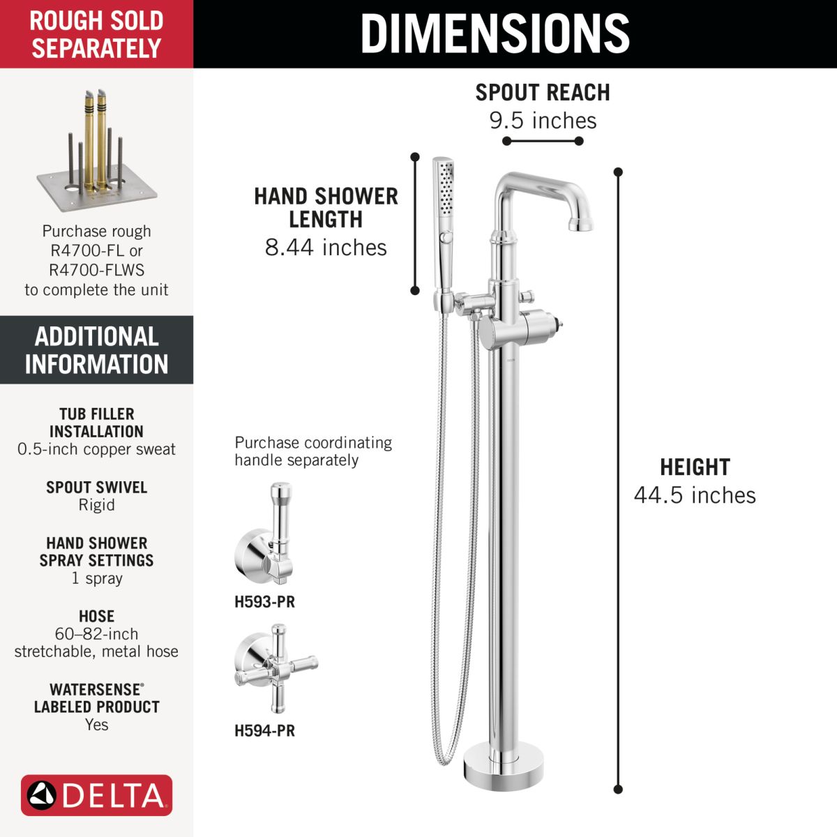 DELTA Broderick Floor Mount Tub Filler Trim- Less Handle — Lumicoat® Chrome