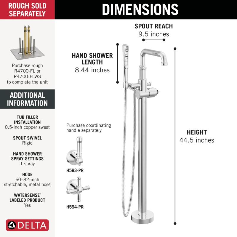 DELTA Broderick Floor Mount Tub Filler Trim- Less Handle — Lumicoat® Chrome