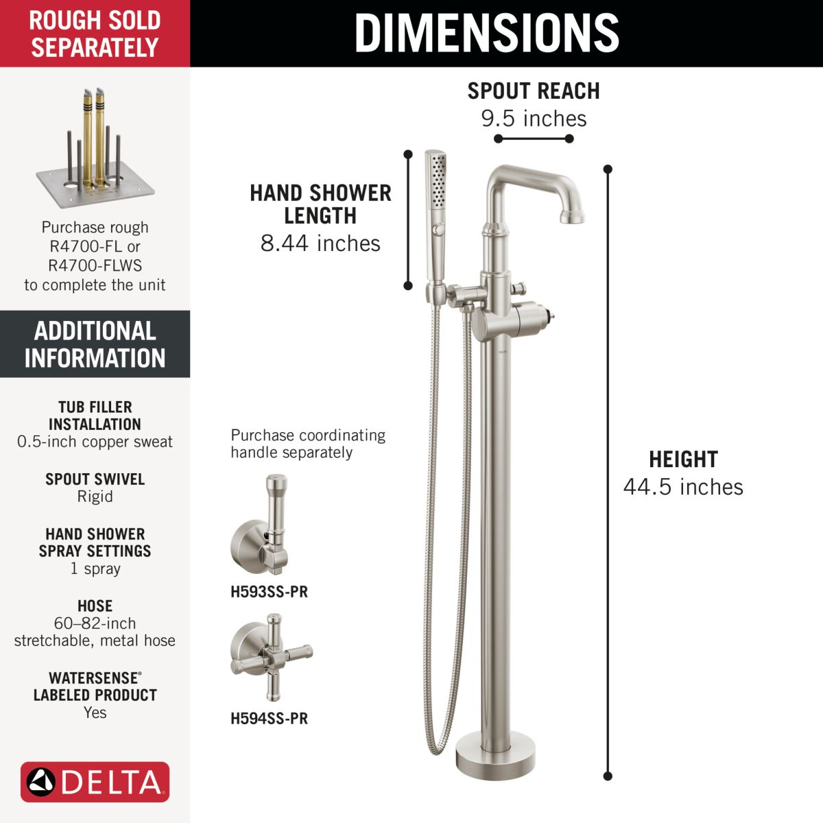 DELTA Broderick Floor Mount Tub Filler Trim- Less Handle — Lumicoat® Stainless