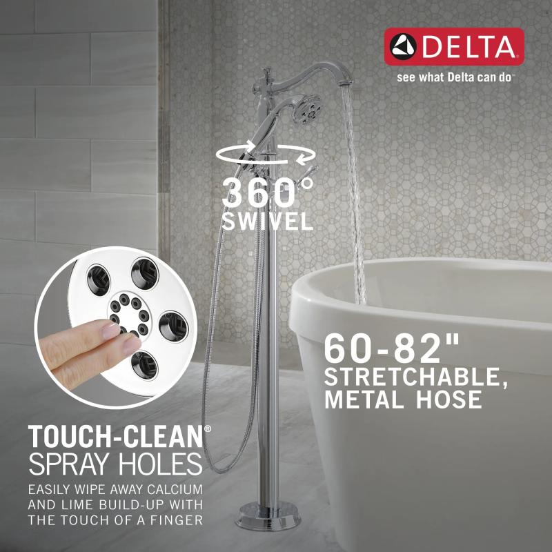 DELTA Cassidy Single Handle Floor Mount Tub Filler Trim with Hand Shower - Less Handle — Chrome