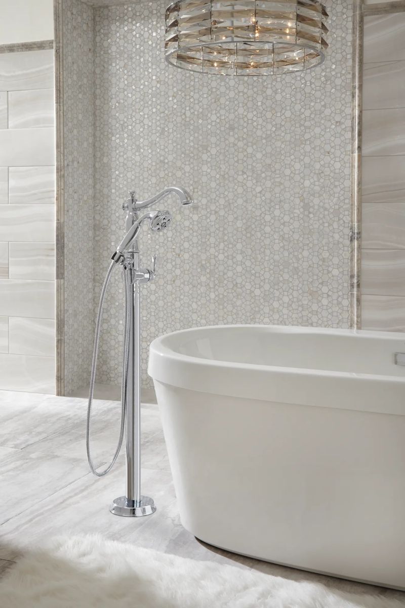 DELTA Cassidy Single Handle Floor Mount Tub Filler Trim with Hand Shower - Less Handle — Chrome