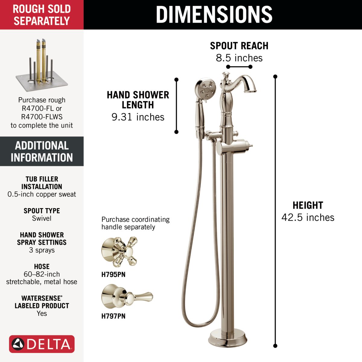 DELTA Cassidy Single Handle Floor Mount Tub Filler Trim with Hand Shower - Less Handle — Polished Nickel