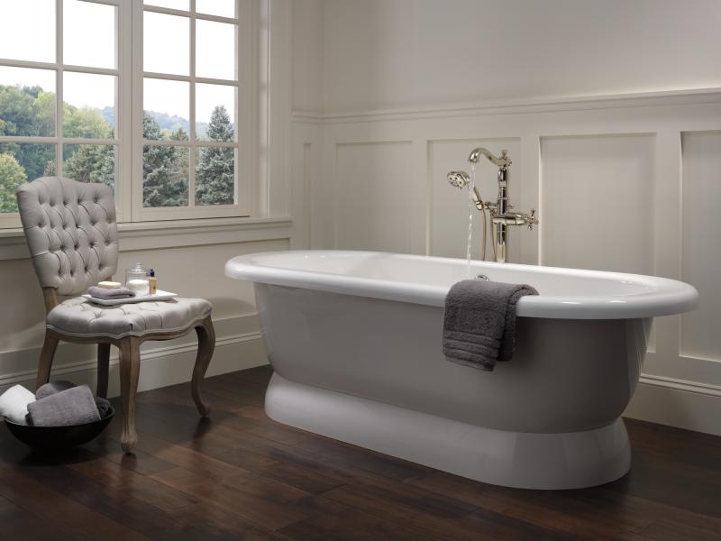 DELTA Cassidy Single Handle Floor Mount Tub Filler Trim with Hand Shower - Less Handle — Polished Nickel