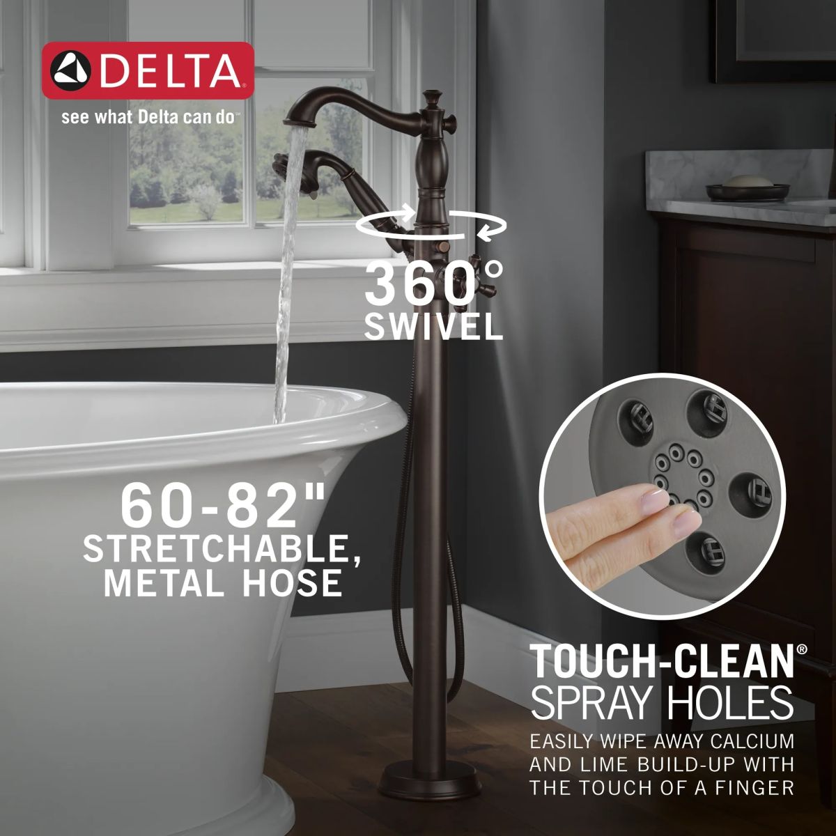 DELTA Cassidy Single Handle Floor Mount Tub Filler Trim with Hand Shower - Less Handle — Venetian Bronze