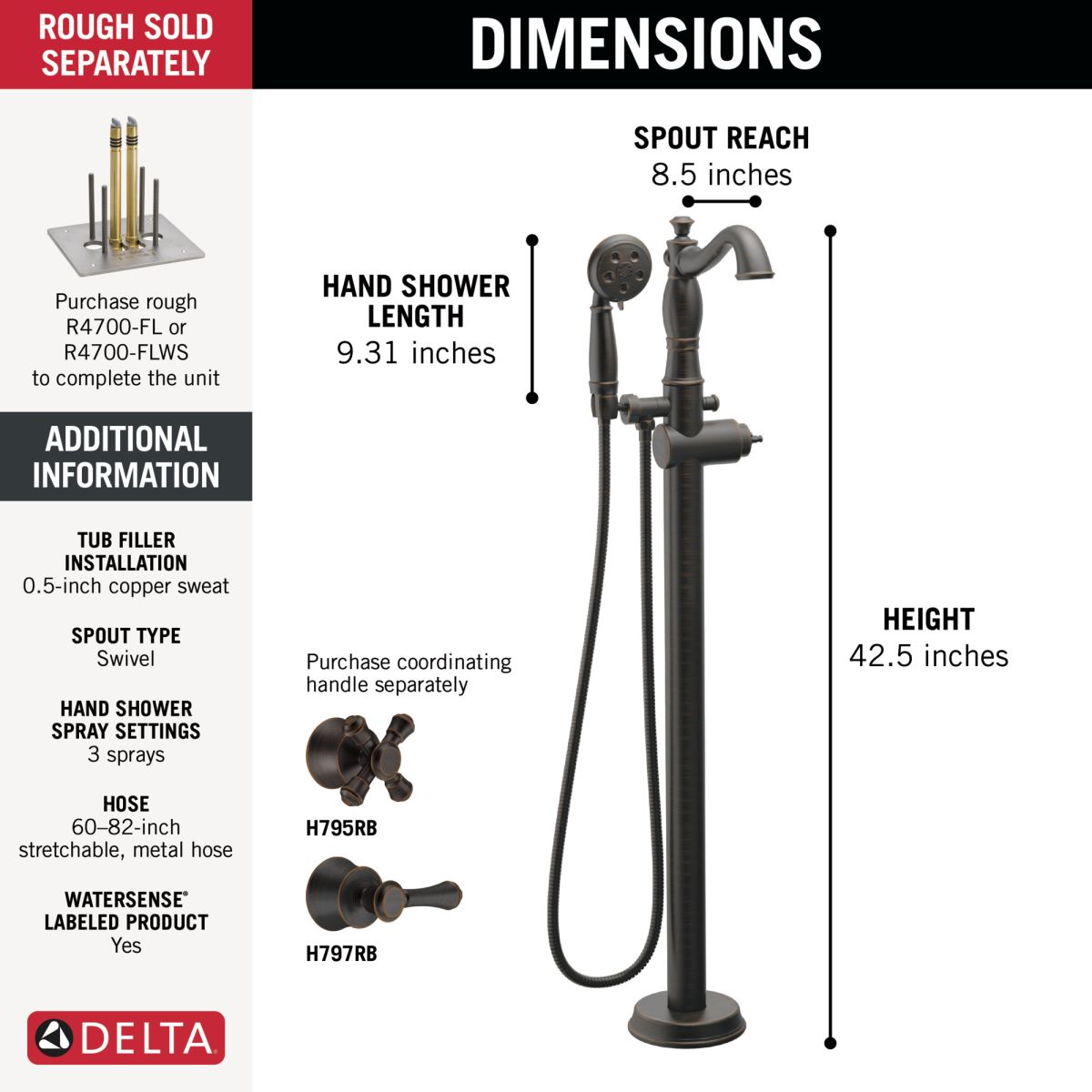 DELTA Cassidy Single Handle Floor Mount Tub Filler Trim with Hand Shower - Less Handle — Venetian Bronze
