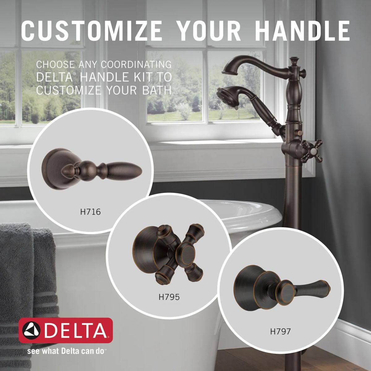 DELTA Cassidy Single Handle Floor Mount Tub Filler Trim with Hand Shower - Less Handle — Venetian Bronze
