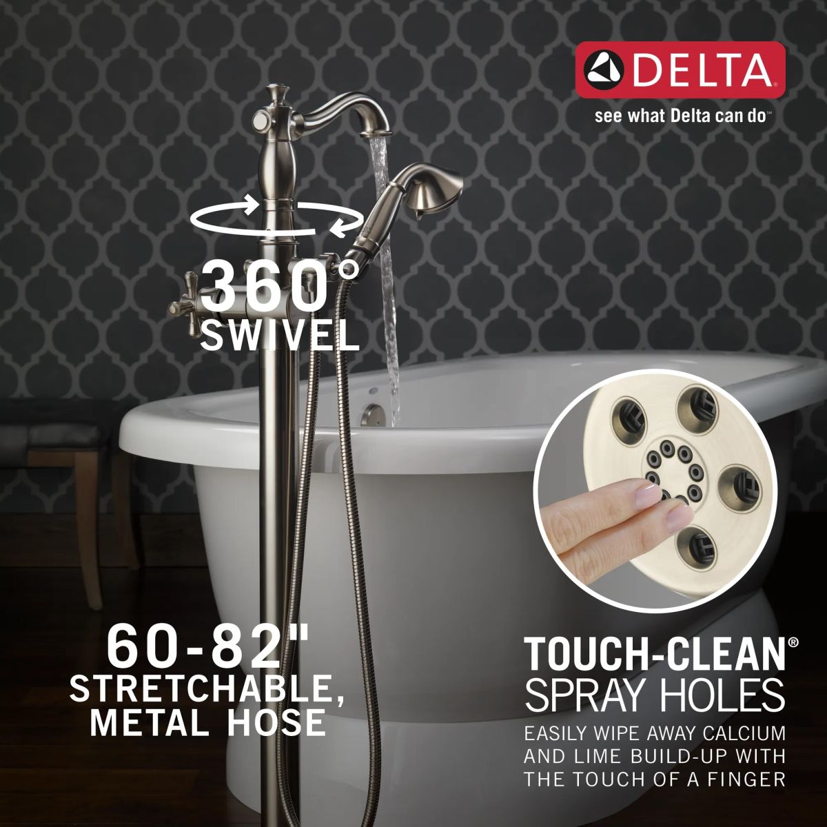 DELTA Cassidy Single Handle Floor Mount Tub Filler Trim with Hand Shower - Less Handle — Stainless