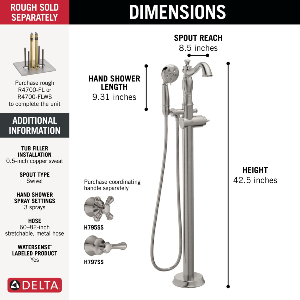 DELTA Cassidy Single Handle Floor Mount Tub Filler Trim with Hand Shower - Less Handle — Stainless