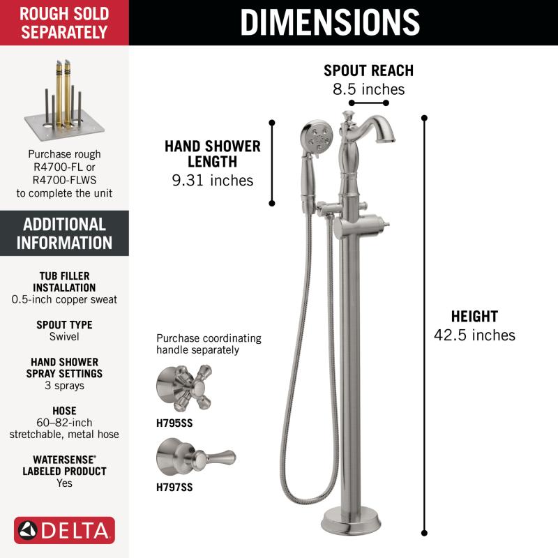 DELTA Cassidy Single Handle Floor Mount Tub Filler Trim with Hand Shower - Less Handle — Stainless