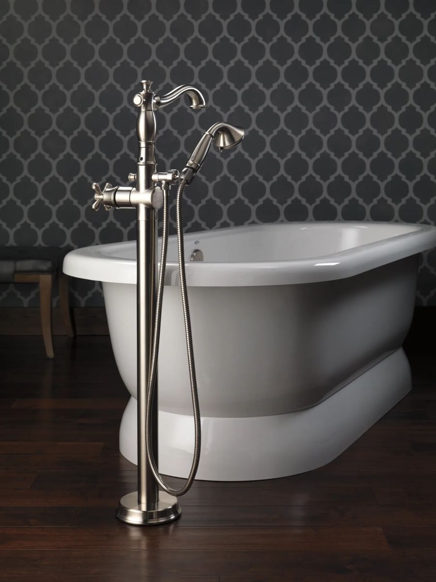 DELTA Cassidy Single Handle Floor Mount Tub Filler Trim with Hand Shower - Less Handle — Stainless