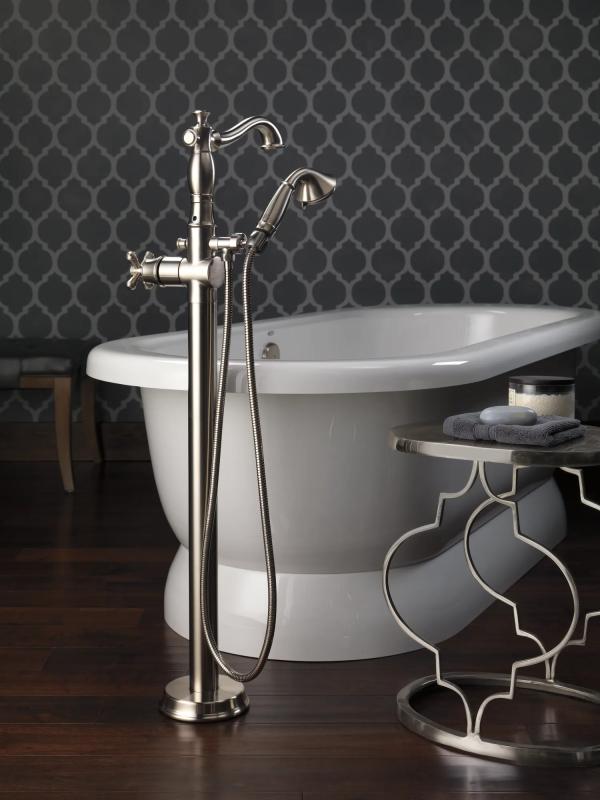 DELTA Cassidy Single Handle Floor Mount Tub Filler Trim with Hand Shower - Less Handle — Stainless