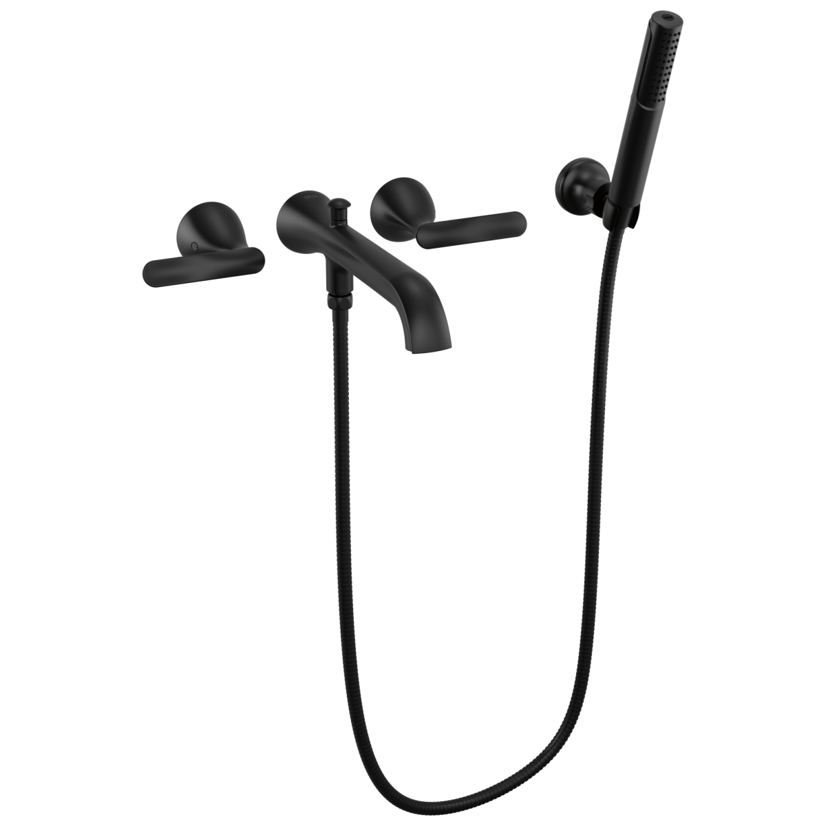DELTA Bonacci Two Handle Wall Mount Tub Filler Trim with Hand Shower — Matte Black