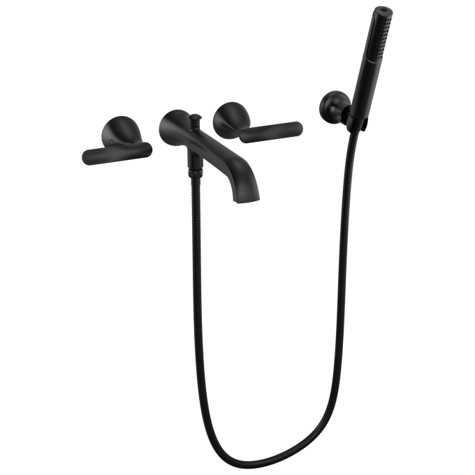 DELTA Bonacci Two Handle Wall Mount Tub Filler Trim with Hand Shower — Matte Black