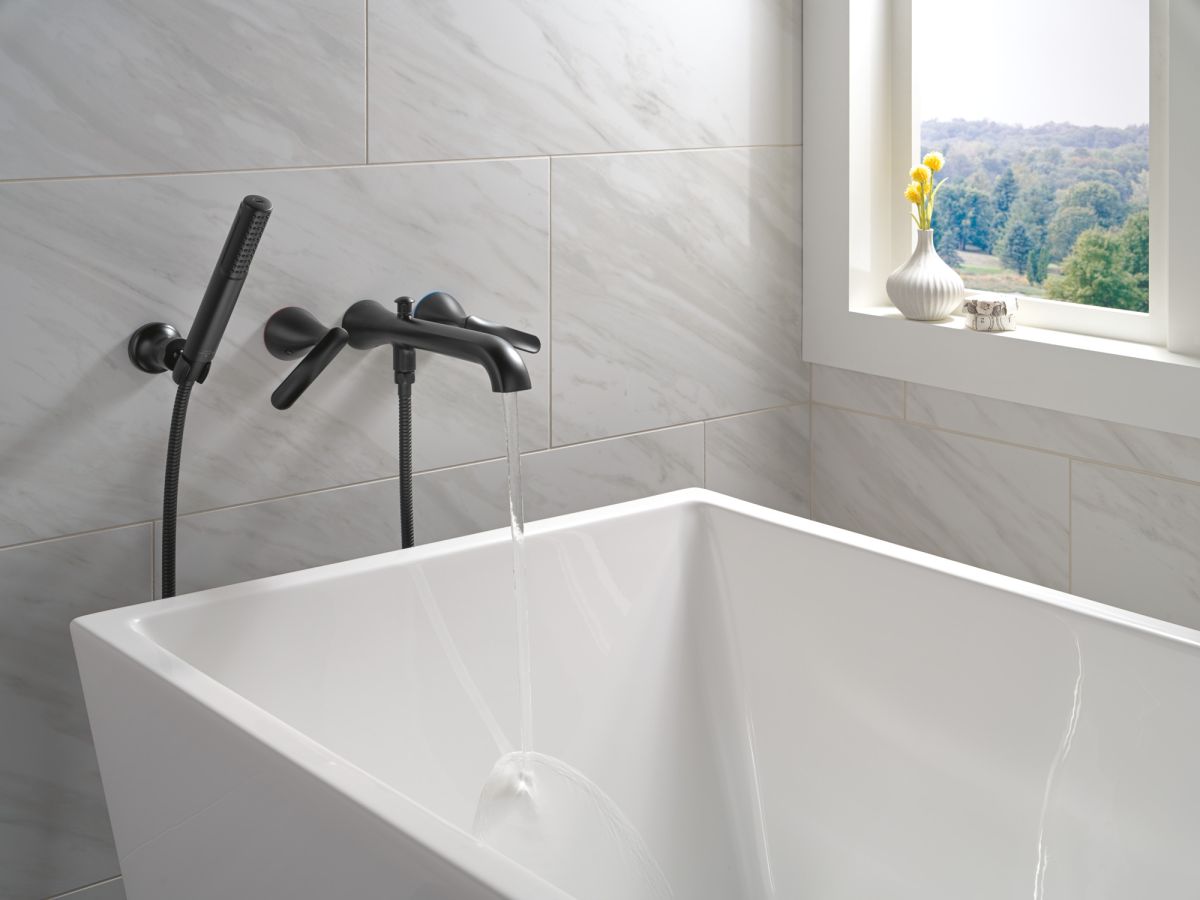 DELTA Bonacci Two Handle Wall Mount Tub Filler Trim with Hand Shower — Matte Black