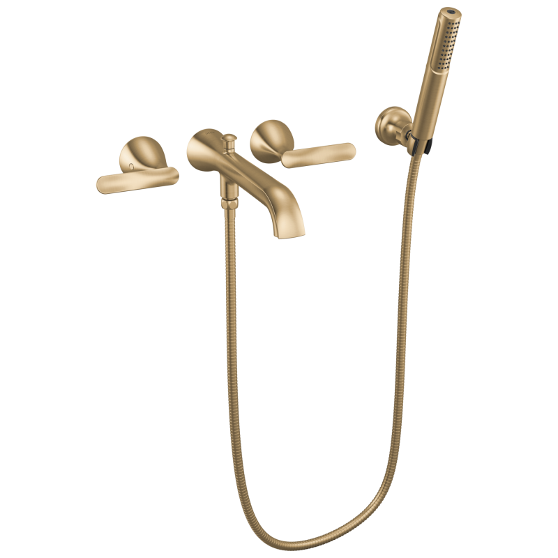 DELTA Bonacci Two Handle Wall Mount Tub Filler Trim with Hand Shower — Lumicoat® Champagne Bronze