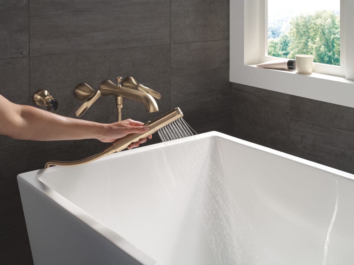 DELTA Bonacci Two Handle Wall Mount Tub Filler Trim with Hand Shower — Lumicoat® Champagne Bronze