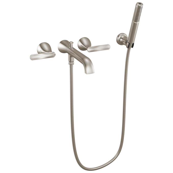 DELTA Bonacci Two Handle Wall Mount Tub Filler Trim with Hand Shower — Lumicoat® Stainless