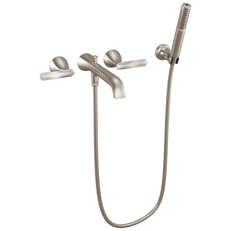 DELTA Bonacci Two Handle Wall Mount Tub Filler Trim with Hand Shower — Lumicoat® Stainless